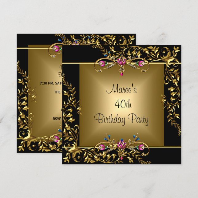 Invitation Black Gold Floral rose 40e fête d'anniversaire (Devant / Derrière)