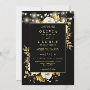 Invitation Black Gold Floral String Lights QR Code Mariage