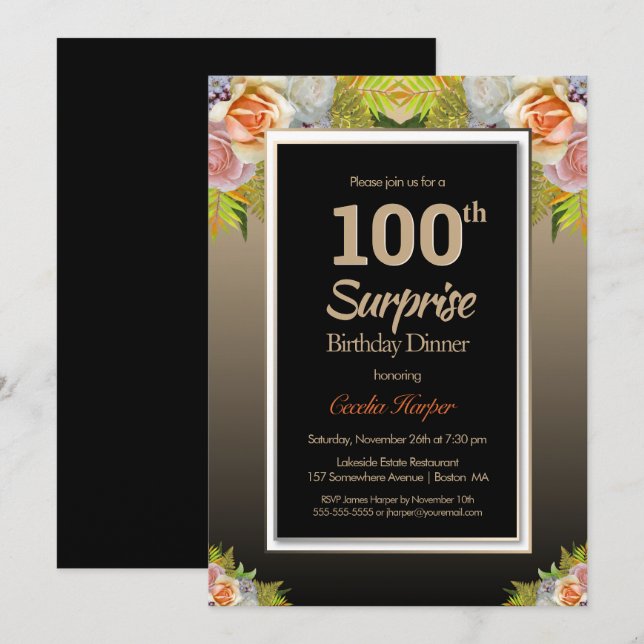 Invitation Black Gold Floral Surprise 100e Anniversaire Dîner (Devant / Derrière)