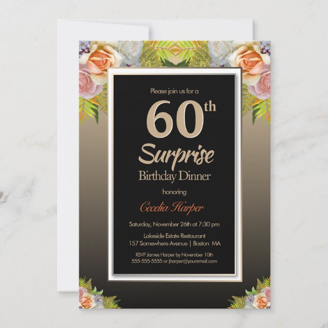 Invitation Black Gold Floral Surprise 60e Anniversaire Dîner (Devant)