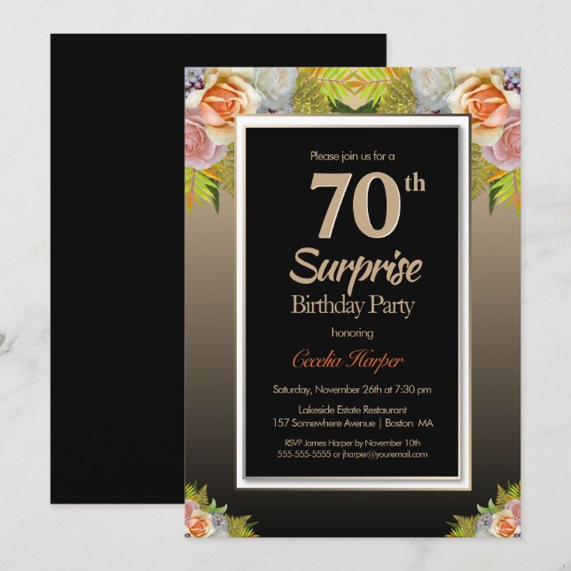 Invitation Black Gold Floral Surprise 70e fête d'anniversaire (Devant / Derrière)