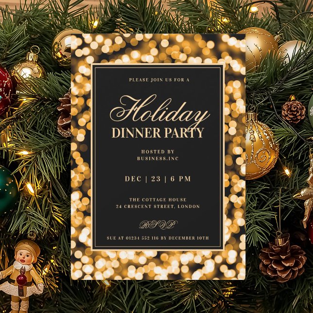 Invitation Black & Gold Glam Lights Holiday Dinner Party (Black & Gold Glam Lights Holiday Dinner Party Invitation)
