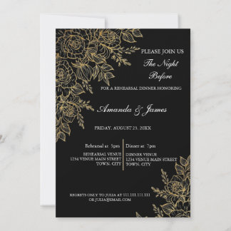 Invitation Black Gold Glitter Floral Photo Rehearsal Dinner 