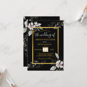 Invitation Black Gold gothique Dusty Fleurs blanches aquarell