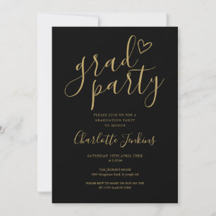 Invitation Black Gold Grad Script Heart Graduation Party