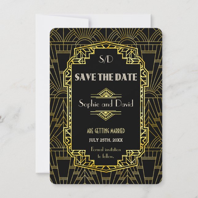 Invitation Black & Gold Great Gatsby Art Déco Enregistrer La  (Devant)