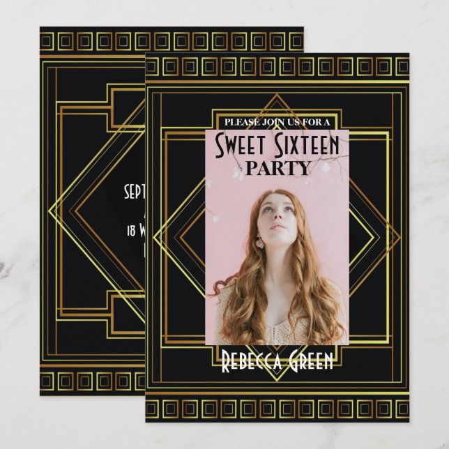 Invitation Black Gold Great Gatsby Sweet sixteen parti (Devant / Derrière)