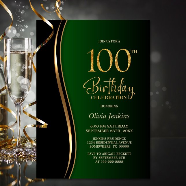 Invitation Black Gold Green 100e fête d'anniversaire (Créateur téléchargé)