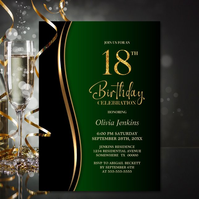 Invitation Black Gold Green 18e fête d'anniversaire (Créateur téléchargé)