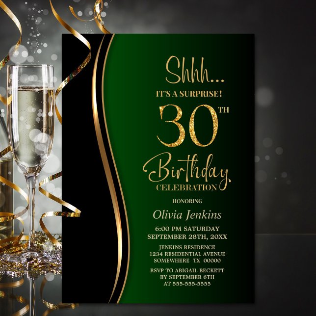 Invitation Black Gold Green Surprise 30e anniversaire (Créateur téléchargé)