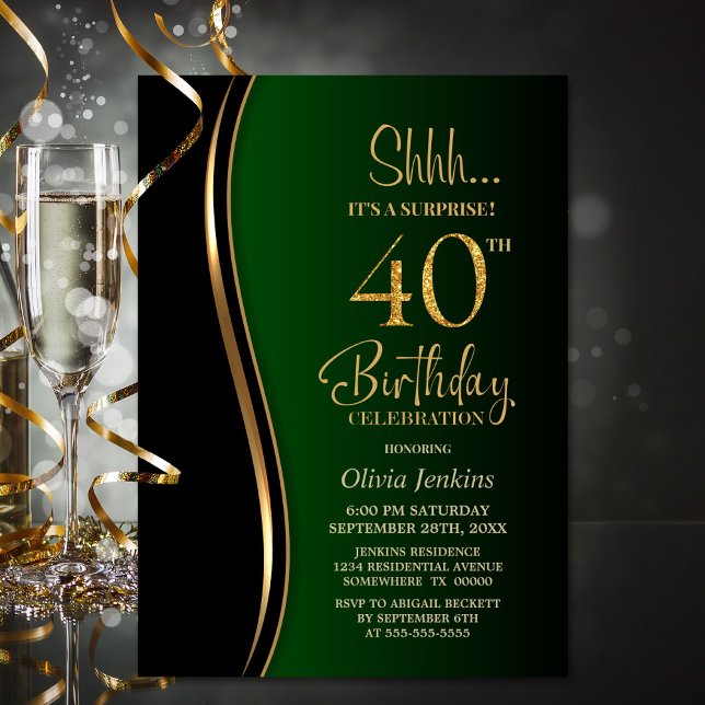 Invitation Black Gold Green Surprise 40e anniversaire (Créateur téléchargé)