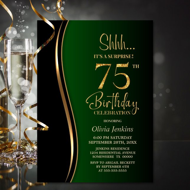 Invitation Black Gold Green Surprise 75e anniversaire (Créateur téléchargé)