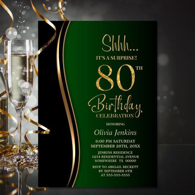 Invitation Black Gold Green Surprise 80e anniversaire (Créateur téléchargé)
