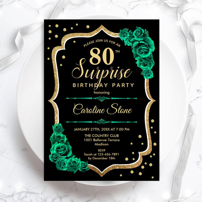 Invitation Black Gold Green Surprise 80e anniversaire (Créateur téléchargé)