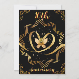 Invitation Black & Gold Heart Chic 10e anniversaire de Mariag