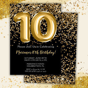Invitation Black Gold Kids Girl 10th Birthday Part