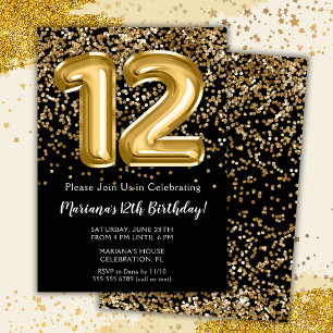 Invitation Black Gold Kids Girl 12e fête d'anniversaire