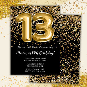 Invitation Black Gold Kids Girl 13e fête d'anniversaire
