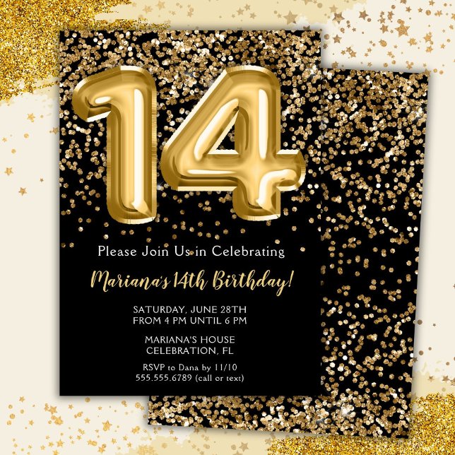 Invitation Black Gold Kids Girl 14th Birthday Part (Créateur téléchargé)