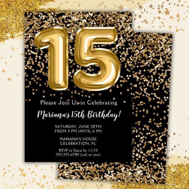 Invitation Black Gold Kids Girl 15e fête d'anniversaire (Créateur téléchargé)