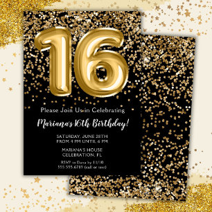 Invitation Black Gold Kids Girl 16e fête d'anniversaire