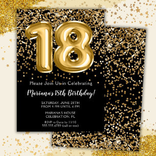 Invitation Black Gold Kids Girl 18e fête d'anniversaire