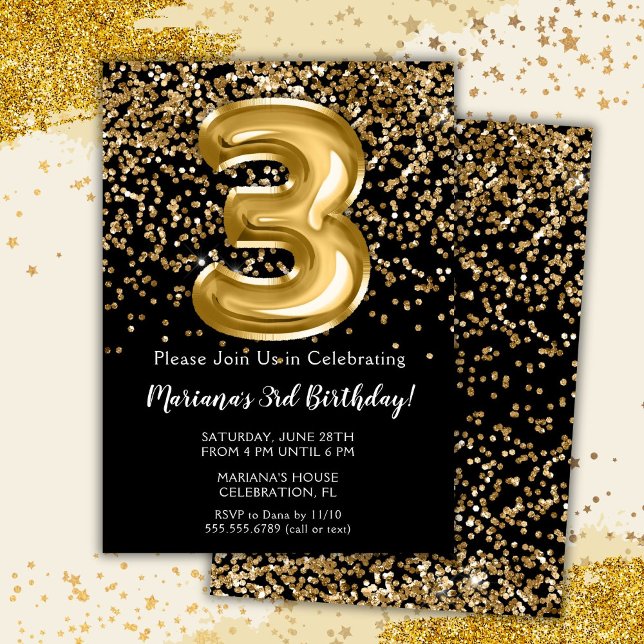 Invitation Black Gold Kids Girl 3e fête d'anniversaire (Créateur téléchargé)