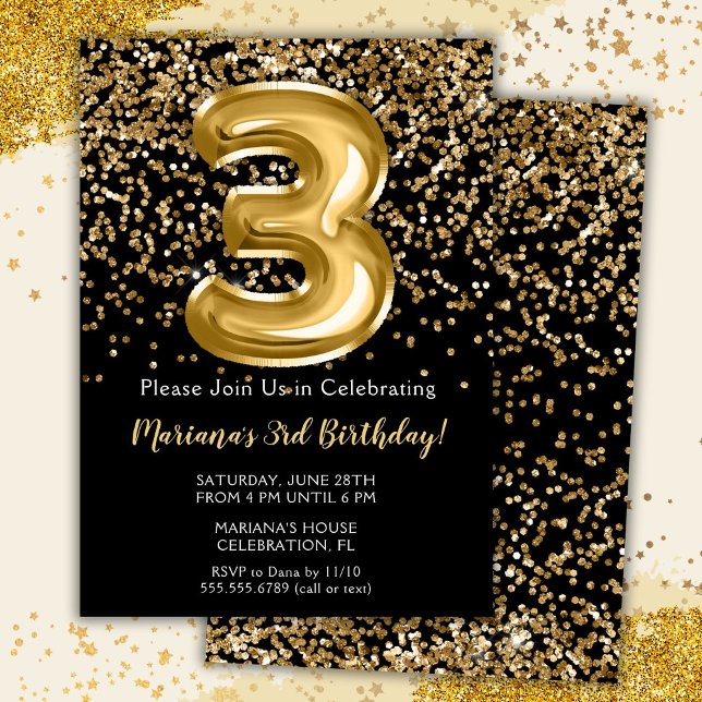 Invitation Black Gold Kids Girl 3ème anniversaire de fête Inv (Créateur téléchargé)