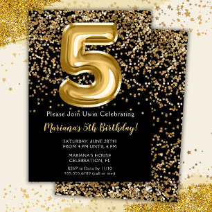 Invitation Black Gold Kids Girl 5e anniversaire de fête Invit