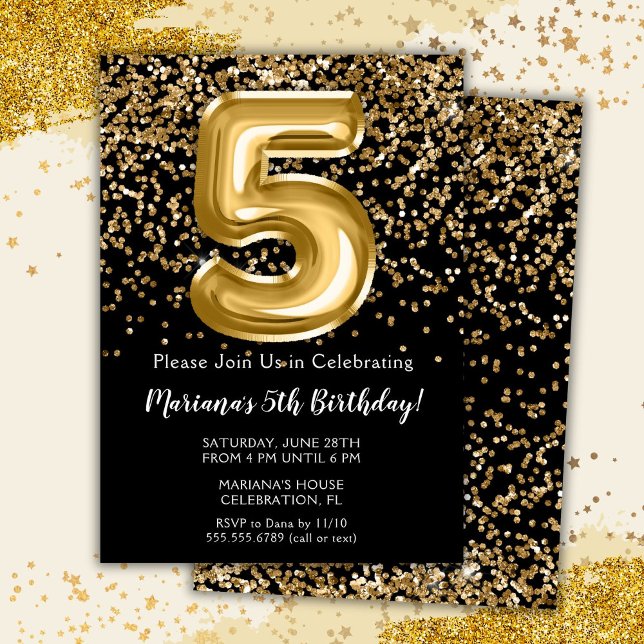 Invitation Black Gold Kids Girl 5e anniversaire de fête Invit (Créateur téléchargé)