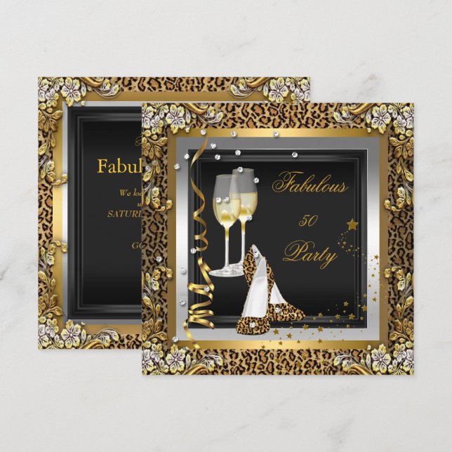 Invitation Black Gold Leopard High Heels Champagne Anniversai (Devant / Derrière)