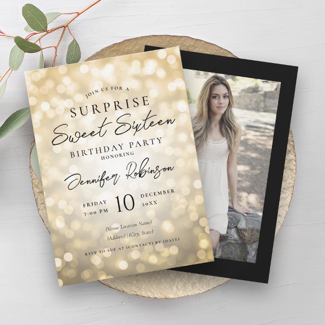 Invitation Black Gold Lights Photo SURPRISE Sweet 16 (Black Gold Lights Photo SURPRISE Sweet 16 Invitation)