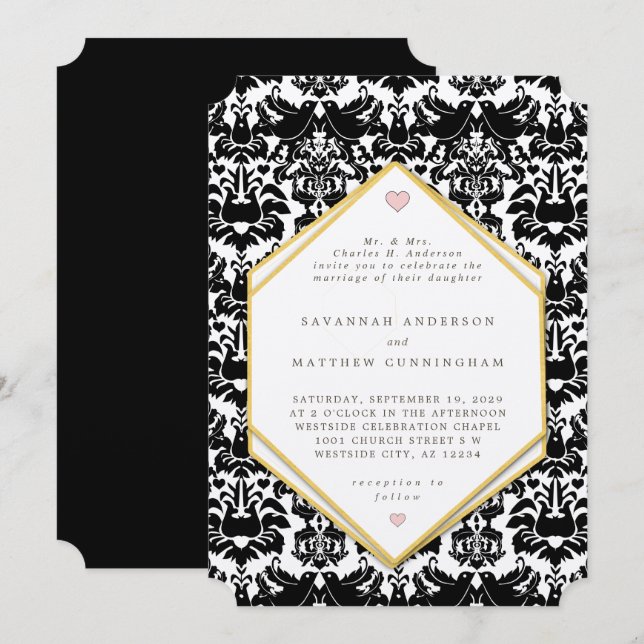 Invitation Black & Gold LoveBird Vintage Mariage damassé (Devant / Derrière)