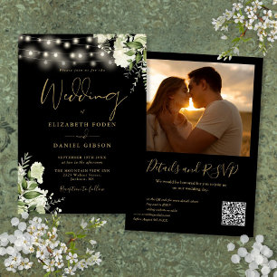 Invitation Black Gold Lumières vertes QR Code Mariage photo