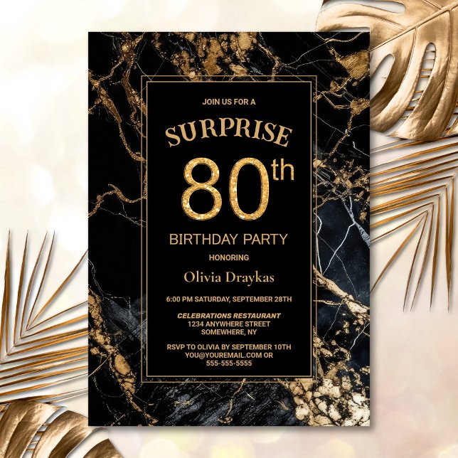 Invitation Black Gold Marble Surprise 80e fête d'anniversaire (Créateur téléchargé)