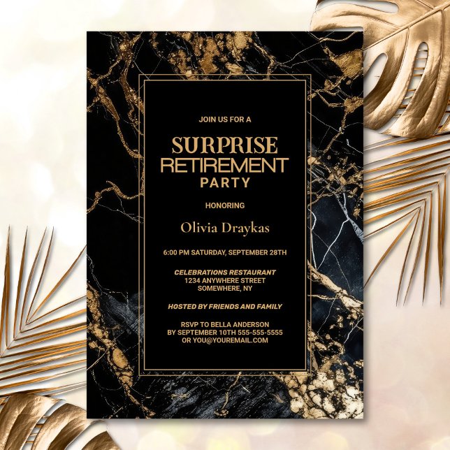 Invitation Black Gold Marble Surprise Retraite Party (Créateur téléchargé)