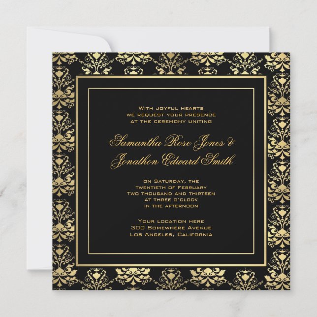 Invitation Black & Gold Mariage damassé (Devant)