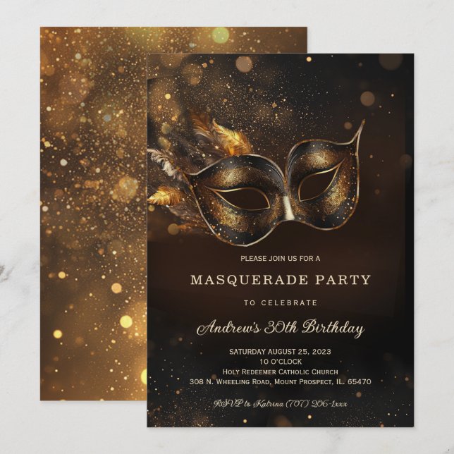 Invitation Black Gold Masquerade fête d'anniversaire (Devant / Derrière)