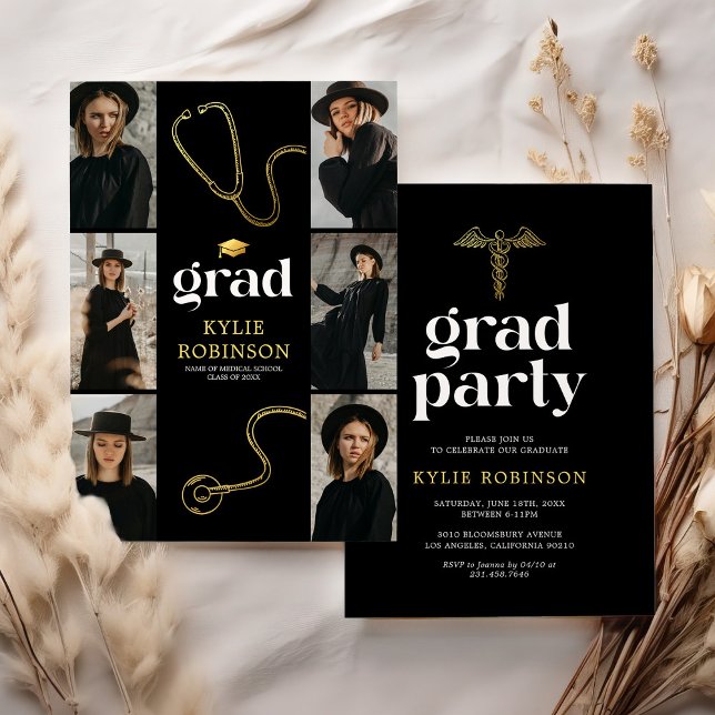 Invitation Black Gold Médicale Photo Graduation Party (Créateur téléchargé)