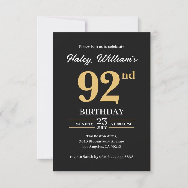 Invitation Black Gold Minimalist Moderne Simple 92e anniversa (Devant)