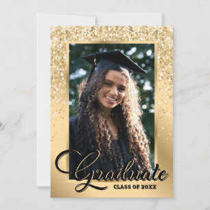Invitation Black Gold Modern 2 Photo Graduation Party