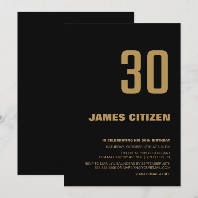Invitation Black Gold Modern Minimalist 30e fête d'anniversai (Devant / Derrière)