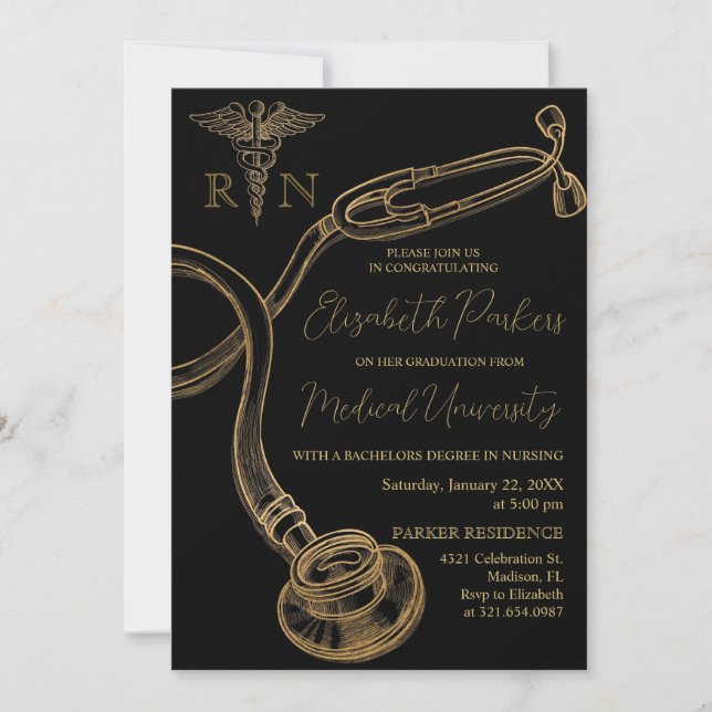 Invitation Black Gold Modern Nursing School Graduation Party (Devant)
