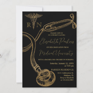 Invitation Black Gold Modern Nursing School Graduation Party
