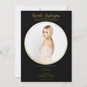 Invitation Black & Gold Modern Round Photo Party Graduation