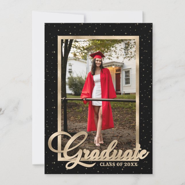 Invitation Black Gold Modern Script Photo Graduation Party (Devant)