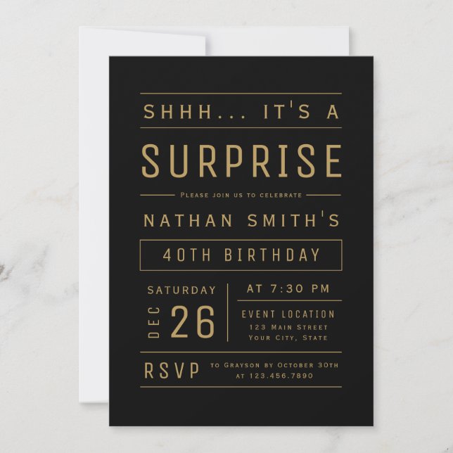 Invitation Black Gold Modern Typographie Surprise Anniversair (Devant)
