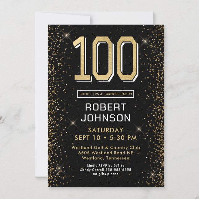 Invitation Black Gold moderne 100e anniversaire Surprise Part (Devant)