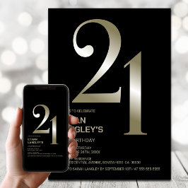 Invitation Black Gold moderne 21e fête d'anniversaire