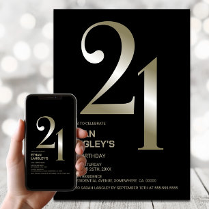 Invitation Black Gold moderne 21e fête d'anniversaire